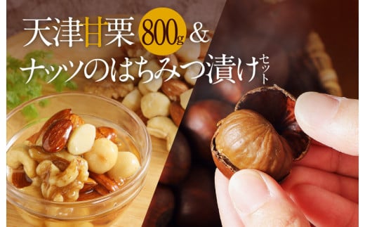 (予約受付) 新栗でお届け!天津甘栗800g&ナッツのはちみつ漬けセット  焼きたて 栗 くり 栗爪 殻付き お菓子 おつまみ 人気 高リピート 小分け 美容 健康 栄養豊富 新栗 H045-054