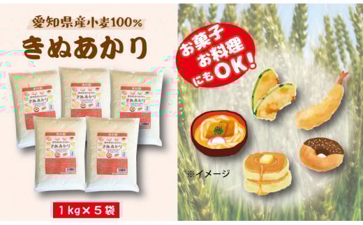 【小麦粉】愛知県産 きぬあかり 国産 薄力粉 1kg×5袋(計5kg) 麺づくり お菓子用 お料理 手打ちうどん きしめん 天ぷら ドーナツ アメリカンドッグ 保存に便利 チャック付き H008-252
