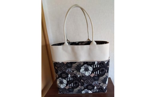 布かばん カルイオモイ トートバッグ 花柄 黒 ベージュ 総裏地 外ポケット 内ポケット (518)