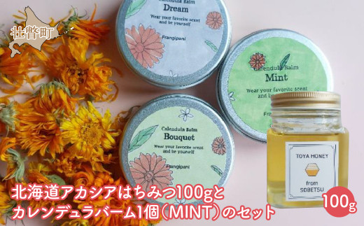 北海道アカシアはちみつ100gとカレンデュラバーム1個（MINT）のセット ふるさと納税 人気 おすすめ ランキング 加工食品 はちみつ 美容商品 化粧品 バーム カレンデュラ ハーブ 保湿 ギフト プレゼント 北海道 壮瞥町 送料無料 SBTX007-1