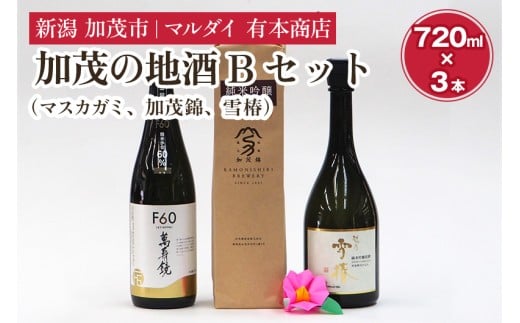 加茂の地酒Bセット(マスカガミ、加茂錦、雪椿)720ml×3本 萬寿鏡 加茂錦 雪椿 各蔵元の人気銘柄を飲み比べ 純米吟醸酒 贈答 加茂市 マルダイ有本
