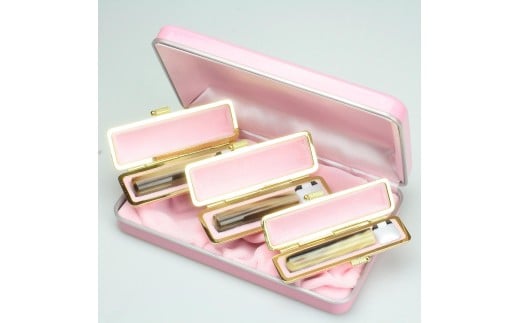 【選べるサイズ】オランダ水牛印鑑3本とピンクケースセット 保管ケース付き はんこ 判子 印鑑セット ギフト プレゼント 3M10111