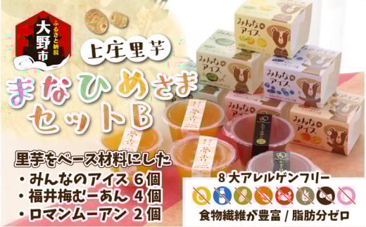 【アレルギー対応スイーツ】まなひめさまセットＢ(里芋ベースのゼリー風スイーツ&アレルギーアレルギー特定原材料8品目不使用のアイス)【グルテンフリー】