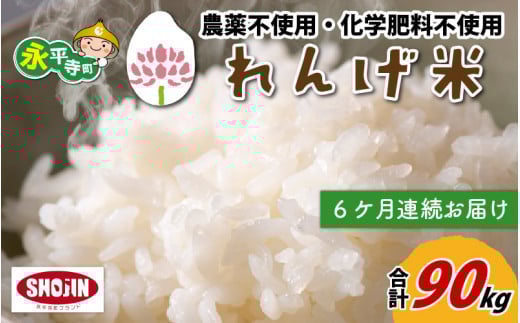【6ヶ月連続お届け】農薬不使用・化学肥料不使用 永平寺町産 れんげ米 15kg×6ヶ月（計90kg） [K-002018]