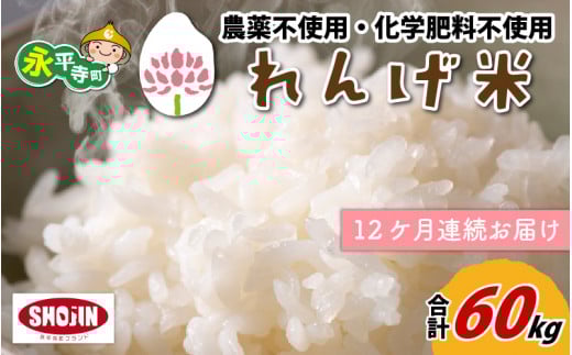 【12ヶ月連続お届け】農薬不使用・化学肥料不使用 永平寺町産 れんげ米 5kg×12ヶ月（計60kg） [K-002020]