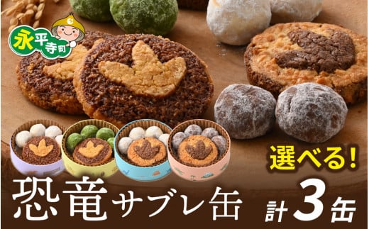 恐竜サブレ缶(小)選べるクッキー缶3個/ 恐竜 サブレ お菓子 クッキー 米粉 おかし 洋菓子 詰め合わせ デザート 人気 おすすめ 永平寺 福井 福井県 坐禅 恐竜 北陸 [B-026039]
