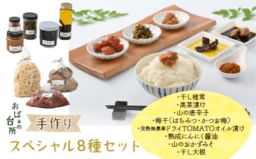 おばぁの台所 手作りスペシャルセット ふるさと納税 梅干 干し椎茸 唐辛子 高菜漬け 味噌 にんにく醤油 醤油 しょうゆ ご飯のおとも おかず ごはんのお供 ご飯 山梨県道志村 送料無料 DSB004