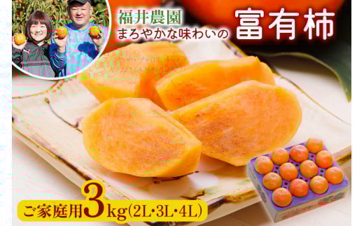 [先行予約／令和7年産]《柿の王様》福井農園の富有柿 ご家庭用 3kg (10～12個入) 2L、3L、4Lサイズ  [11月～12月に発送予定] 有機質の多い独自肥料で栽培、まろやかな味わいの富有柿 [mt238]
