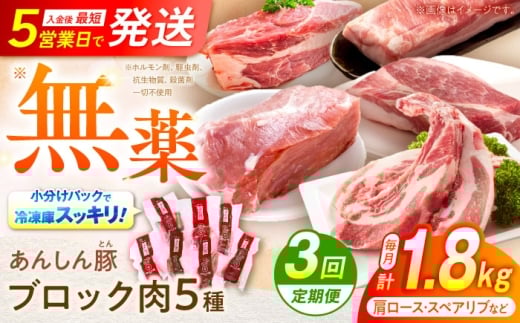 【３回定期便】国産豚肉 あんしん豚 ブロック５種セット（ロース・バラ・モモなど）毎月１．８キログラム(総計５．４キログラム)｜安心安全、大容量、人気の定期便｜岐阜県白川町 藤井ファーム[AWAF025]