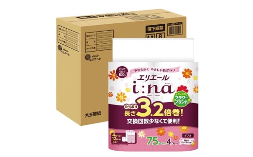 0016-10-05　エリエール i:na （イーナ） トイレットティシュー フラワープリント 3.2倍巻 ダブル 4R×8パック 32個 【ハーフケース】　75m 32ロール トイレットペーパー