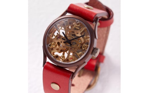 【機械-手巻き式】歯車の音色と動きが美しいハンドメイドウォッチ スケルトン仕様 ベルトカラー：赤 WB044 赤