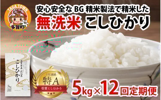 【令和７年産新米　毎月定期配送・計12回】 BG無洗米こしひかり5kg×12回 [P-00401] / 滋賀県産 多賀町 コシヒカリ 米 お米 こめ コメ 白米 ご飯 精米 5kg 袋 定期便 12ヶ月連続 国産 送料無料 おすすめ 人気 大人気 国産 ランキング 無洗米 ヌカ