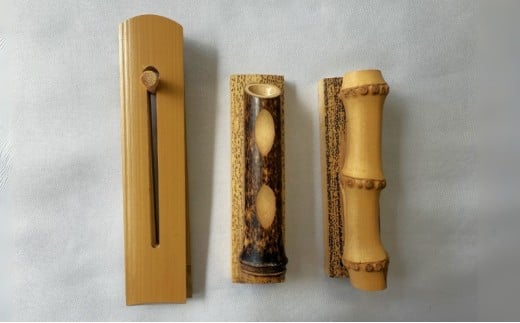 竹製　墨バサミ（大）1点＋筆置き(黒竹斜め・竹根胡麻・竹根煤/いずれか2点）合計3点セット [№5223-0048]