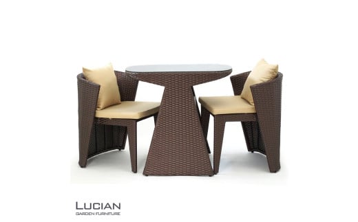 LUCIAN ラタン調ガーデンテーブル3点セット ブラウン 2人掛け luc001 / コスティック インテリア 屋外テーブル テラス コンパクト 省スペース設計 奈良県 御所市