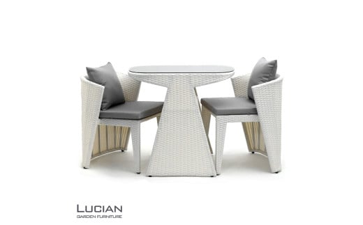 LUCIAN ラタン調ガーデンテーブル3点セット ホワイト 2人掛け luc001 / コスティック インテリア 屋外テーブル テラス コンパクト 省スペース設計 奈良県 御所市