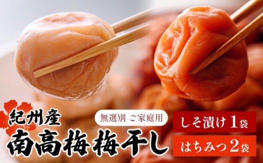 【数量限定!3~7営業日出荷】紀州 南高梅 梅干し しそ漬け 1袋 はちみつ 2袋 送料無料 メール便 ご家庭用 無選別 《3-7営業日に発送予定(土日祝日除く)》和歌山県 日高川町 しそ梅 はちみつ梅