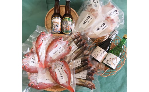 C110ぜいたく干物セットと鬼太郎焼酎・鬼太郎純米酒・鬼太郎ビール