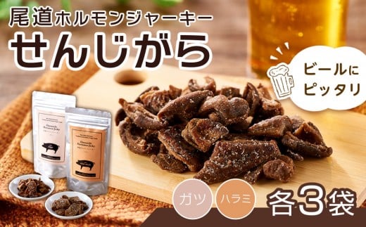 ビールにピッタリ！ 尾道ホルモンジャーキー  「せんじがら」 ガツとハラミの2種　3袋ずつ【計6袋 お酒ワインのおつまみ セット やみつき 広島名物 ご当地 家飲み お取り寄せ 尾道市 広島県】