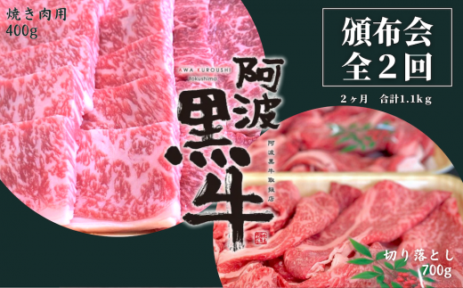 頒布会 2回お届け 阿波黒牛 焼肉用400g & 切り落とし700g 合計1.1kg