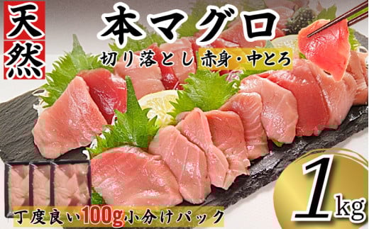 天然本まぐろ 切り落とし 1kg(100g×10P） マグロ 本まぐろ 中とろ 赤身 天然 鮪 小分け 冷凍 刺身 漬け 晩酌 寿司 ユッケ マグロ丼 ねぎとろ 海鮮