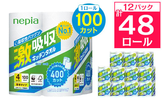 ネピア激吸収キッチンタオル4ロール 2枚重ね 100カット (12パック)_ 送料無料 キッチンペーパー 日用品 生活用品 まとめ買い ペーパータオル キッチン用品 厚手 【1209619】