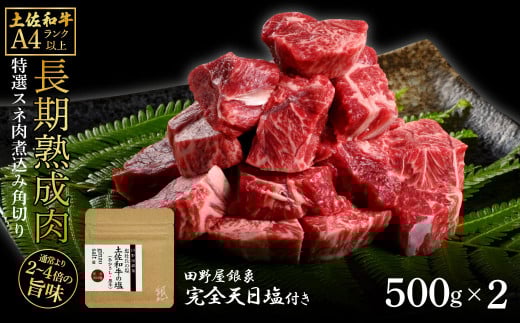 土佐和牛 特選スネ肉煮込み角切り500g×2 田野屋銀象完全天日塩2P付き 1kg 1キロ 長期熟成肉 田野屋銀象 完全天日塩付き スネ肉 煮込み 角切り 肉 お肉 和牛 牛肉 国産 牛 熟成肉