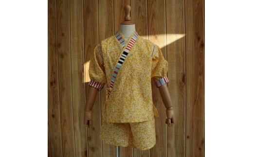 子ども甚平(pati pati)110~120cm イエロー系リーフ柄×ストライプ柄 甚平 じんべい ファッション 子供服 キッズ服