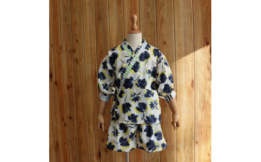 子ども甚平(pati pati)110~120cm ダークブルー花柄×イエロー 甚平 じんべい ファッション 子供服 キッズ服