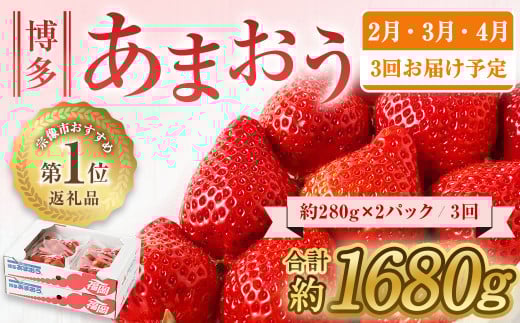 【定期便/3ヶ月連続お届け】博多あまおう 約280g×2パック 計3回 総量1.68kg 3カ月定期便【ほたるの里】_HB0075