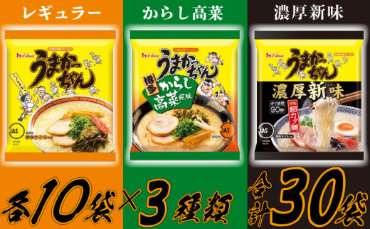 うまかっちゃんセット　30食（3種類✕各10食）[M244P1-5]　ラーメン 豚骨 インスタント 乾麺 即席麺 拉麺 保存食 九州 濃厚新味 高菜