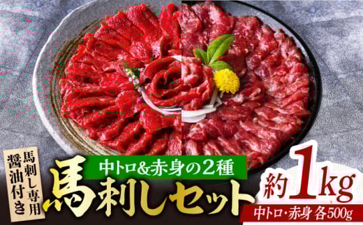 赤身 & 霜降りの「2種食べ比べセット 」 馬刺し 赤身 約50g×10パック 中トロ 約50g×10パック 専用醤油付き 国産 馬刺し赤身 国内肥育 霜降り中トロ 約1キロ たっぷり 熊本 ばさし バサシ 冷凍 パック 小分け 【株式会社  利他フーズ】[ZBK008]
