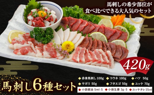 馬刺し 6種 セット 420g 醤油 タレ 付き 長洲町L（桜屋）《60日以内に出荷予定(土日祝除く)》 熊本県 長洲町 送料無料 肉 馬肉 馬さし 赤身 タテガミ ハツ サガリ フタエゴ ユッケ