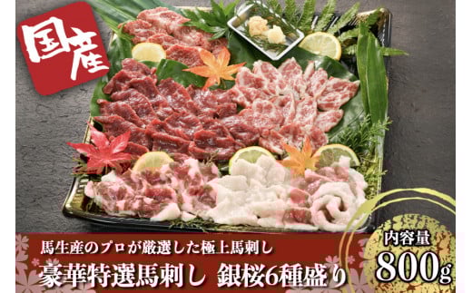 【国産】豪華特選馬刺し 銀桜 6種盛り 馬刺し 800g 霜降り 上赤身 オビ ヒモ タテガミ フタエゴ 専用醤油 馬 馬肉 生食用 肉刺し 詰め合わせ 盛り合せ ギフト 贈答用 お中元 お歳暮 熊本ミート 熊本 阿蘇 南小国 南小国町 送料無料