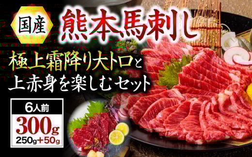 【国産】熊本馬刺し 上赤身+大トロ 300g 国産 熊本 馬刺し 馬肉 馬 上赤身 大トロ 赤身 霜降り 専用醤油 肉刺し ギフト 贈答用 利他フーズ 阿蘇 南小国町 送料無料