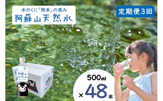 【ふるくま】定期便 3回 阿蘇山 天然水 500ml × 48本 2ケース  熊本 阿蘇 水 みず 飲料 くまモンラベル 熊本県 ミネラルウォーター 非加熱殺菌 賞味期限2年 730日 備蓄 保存用