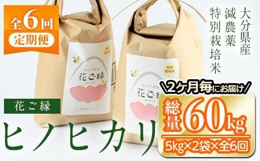<先行予約受付中!2025年11月より奇数月発送><定期便・全6回 (奇数月発送)>減農薬特別栽培米 はなご縁 (総量60kg・5kg×2袋×6回)米 定期便 6回 隔月 ひのひかり ヒノヒカリ 精米 白米 数量限定 大分県産【HD175】【さいき本舗 城下堂】