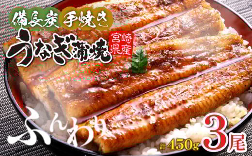 【宮崎県産】うなぎ備長炭手焼き蒲焼3尾(450g) 冬うなぎ 鰻 うなぎ ウナギ 国産 宮崎県産 蒲焼 3尾 450g うなぎの蒲焼 鰻の蒲焼 鰻蒲焼 宮崎うなぎ 惣菜 和風総菜 贈答 贈り物 ギフト プレゼント グルメ お取り寄せ 冷凍 真空パック パック 簡単調理 時短料理 湯煎 うな丼 うな重  土用丑の日 丑の日 冬うなぎ お取り寄せグルメ 九州 佐土原町 宮崎県 宮崎市_M159-010