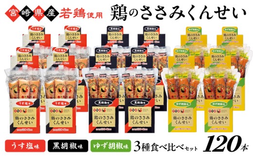 鶏のささみくんせい 3種食べ比べ 120本セット ＜うす塩・黒胡椒・ゆず胡椒 ＞ おつまみ スモーク チキン 燻製 ささみ燻製 鶏肉 おつまみセット 酒の肴 ビールのおとも 晩酌 家飲み 宅飲み 高たんぱく 低脂肪 ヘルシー おやつ 保存食 常温保存  父の日 敬老の日 贈り物