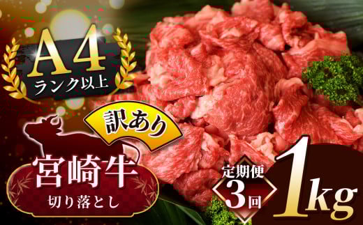 [定期便3回]人気 牛肉 ! A4 - A5 宮崎牛 切り落とし 訳あり 1kg | 小分け 500g × 2 宮崎牛 切り落とし 部位不問 脂身 黒毛和牛 牛肉 肉 にく お肉 スライス 切り落とし 国産 ブランド牛 カレー 牛丼 切り落とし 野菜炒め 宮崎県 五ヶ瀬町 切り落とし 切り落とし