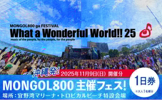 モンパチフェス MONGOL800 ga FESTIVAL What a Wonderful World!! 25 11月9日(日) フェス チケット 1日券 モンパチ www25 2025 沖縄 宜野湾 マリーナ トロピカルビーチ | イベント 野外 ビーチ ライブ ライヴ LIVE