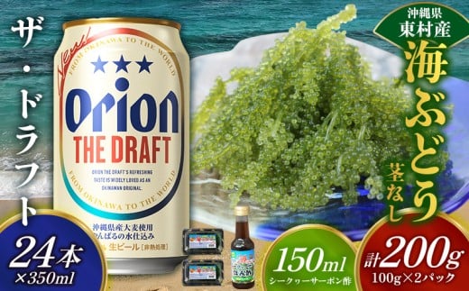 東村を楽しむセット！海ぶどうセット（茎無）200g＆ザ・ドラフト350ml×24本 海ブドウ 海ぶどう うみぶどう パック 茎なし クビレズタ たれ付き 海鮮 海藻 プチプチ おつまみ オリオン orion ビール オリオンビール 1ケース 酒 常温 沖縄県 東村