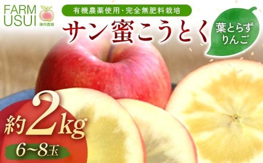 有機農薬使用・完全無肥料栽培「サン蜜こうとく」葉とらずりんご約2kg(6〜8玉)
