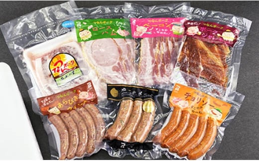 つなんポーク ソーセージギフトセット ( あらびきウィンナー ・ チョリソー ・ 山菜入りポークソーセージ ・ ベーコン ・ ロース味噌漬 ・ ロースハム ・ ポークジャーキー ) | 新潟県