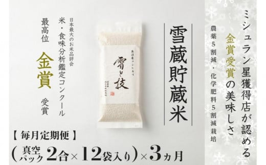 [ 令和7年産 新米 予約 ] 定期便 〔 真空パック 2合 ×12袋〕×3ヶ月 雪蔵貯蔵米 金賞受賞 魚沼産コシヒカリ 雪と技 農薬5割減・化学肥料5割減栽培 藤ノ木株式会社 お米 こめ 白米 食品