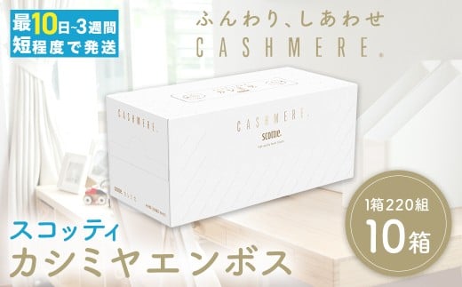 スコッティカシミヤエンボス 10箱 | ふるさと納税 ティッシュ ボックスティッシュ スコッティ カシミヤ 10箱 ロングセラー プレミアム ティシュー 大容量 長持ち 日用品 保湿 人気 日本製 まとめ買い 備蓄 常備品 スキンケア ふんわり感 やさしさ 肌 京都府 福知山市