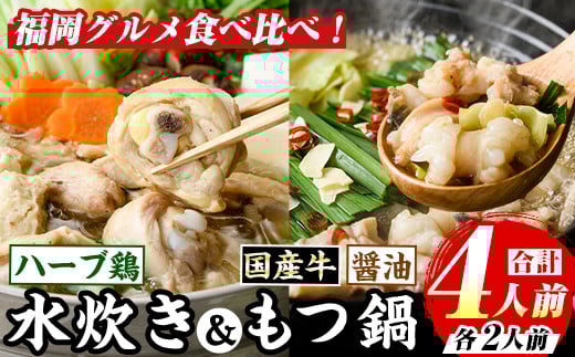 博多名物！九州産ハーブ鶏水炊き&(醤油味)国産牛もつ鍋食べ比べセット(計4人前・各2人前) 福岡 鶏肉 鳥肉 お肉 肉 水炊き みずたき もつ もつ鍋 ホルモン 牛 鍋 鍋セット セット 醤油 しょうゆ  鶏もも 骨付き もみじおろし ポン酢 米粉麺 米麺【マル五】as06-046