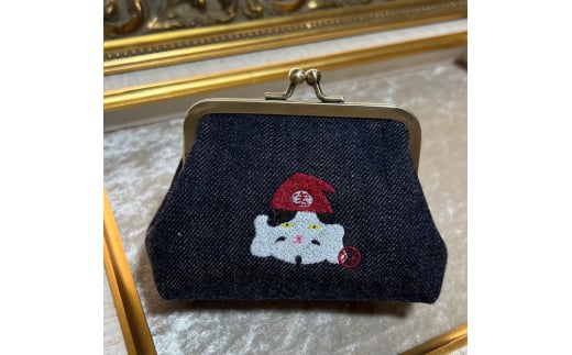 動物愛護 がま口ポーチ 七福にゃん インディゴ 吉富町/猫山商事 [BGBE002] 福岡県