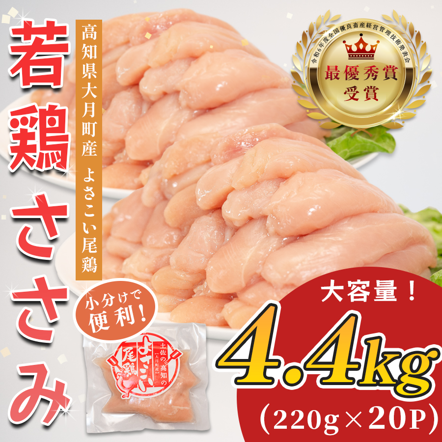 若鶏 ささみ 4.4kg (220g×20P) よさこい尾鶏|鶏ささみ ササミ 鶏肉 国産 ブランド鶏 銘柄鶏 高知県産 小分け ヘルシー 高たんぱく ササミフライ 低脂質 ダイエット 和え物 サラダ 個包装 真空 冷凍 骨なし 配達日指定可 大月町