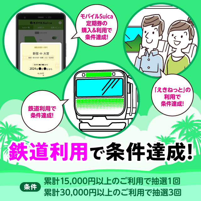 「モバイルSuica定期券の購入＆利用で！」「えきねっと利用で！」鉄道利用で条件達成！累計15,000円以上のお買いもので抽選1回。さらに、累計30,000円以上のお買いもので抽選3回