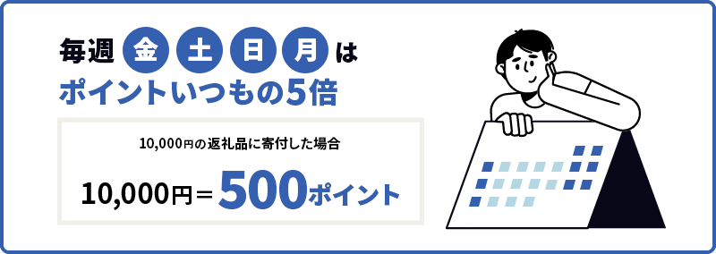 毎週金土日月はポイントいつもの5倍 10,000円の返礼品に寄付した場合 10,000円=500ポイント